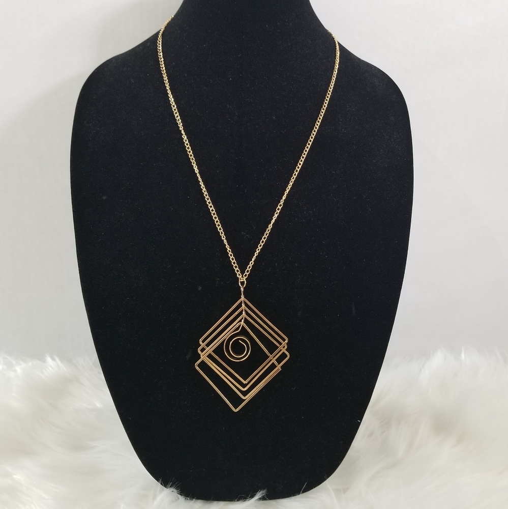 Geometric Square Pendant Long Necklace Gold